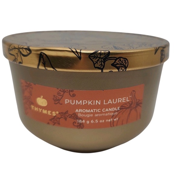 New Thymes Pumpkin Laurel Poured Candle Tin with Gold Lid 6.5 oz Aromatic Candle - Picture 1 of 9